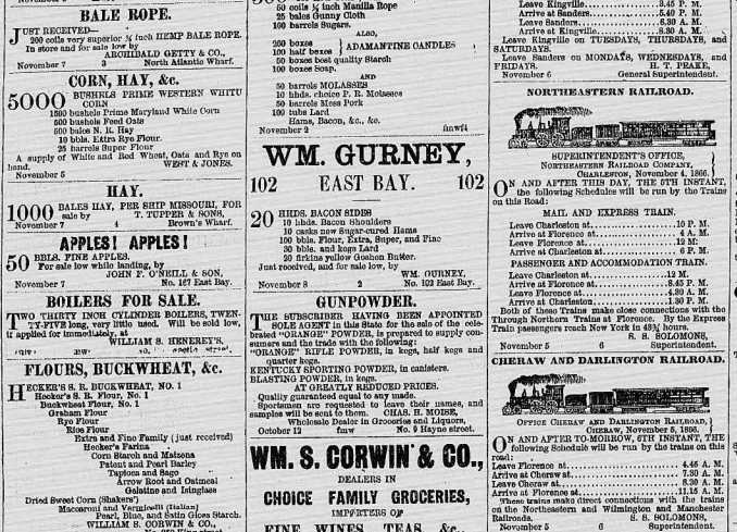 Charleston business advertisement for William Gurney