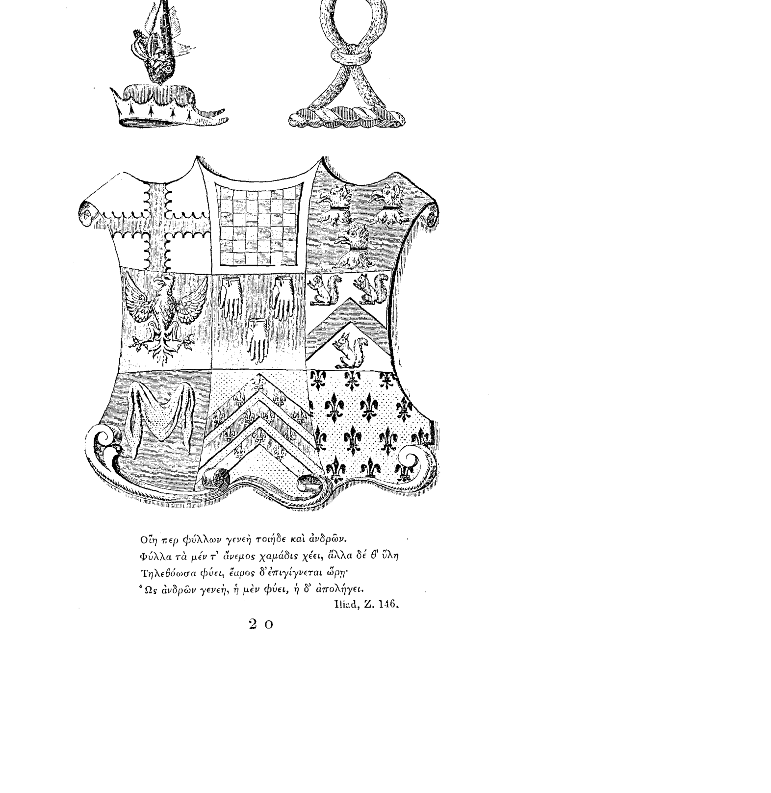 Heraldic shield and crests from the Part II title page in Daniel Gurney's Record of the House of Gournay